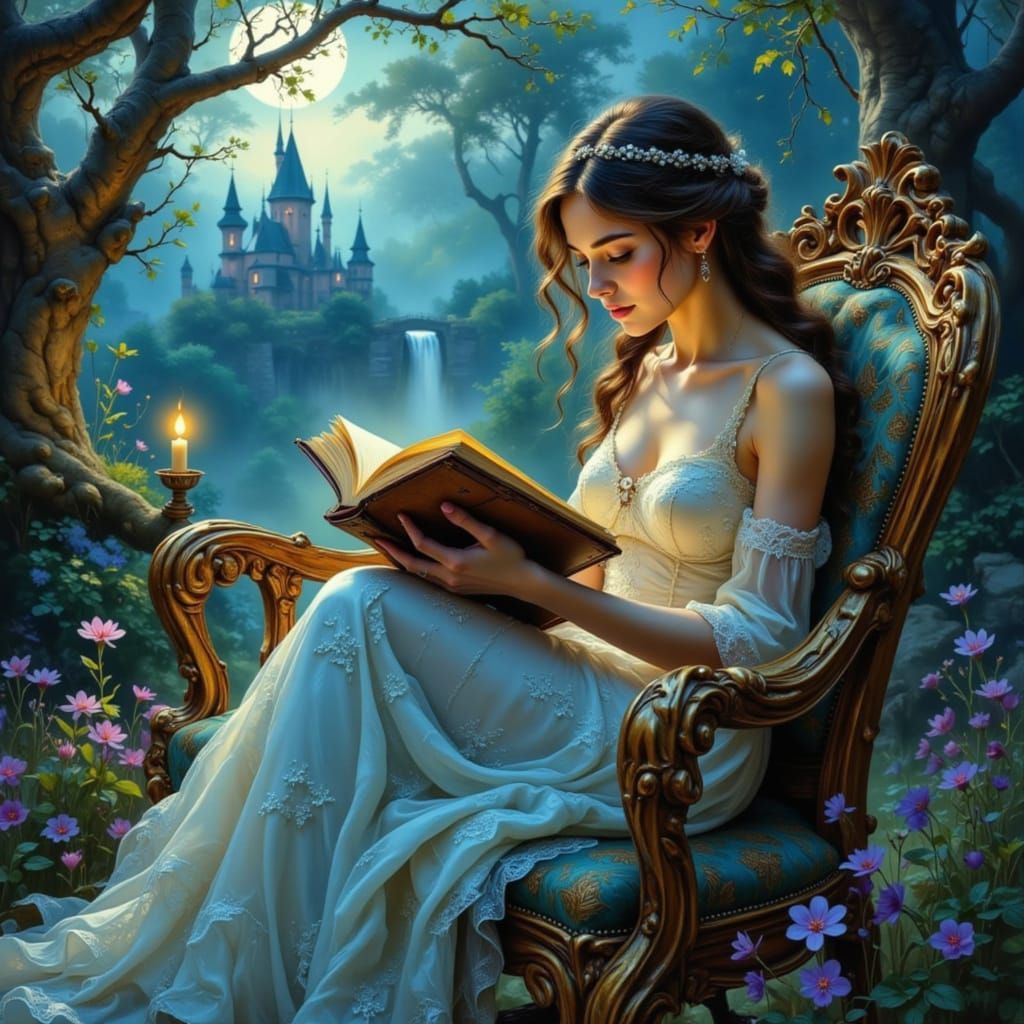 Princess Reading Ancient Tome in Fantasy Landscape