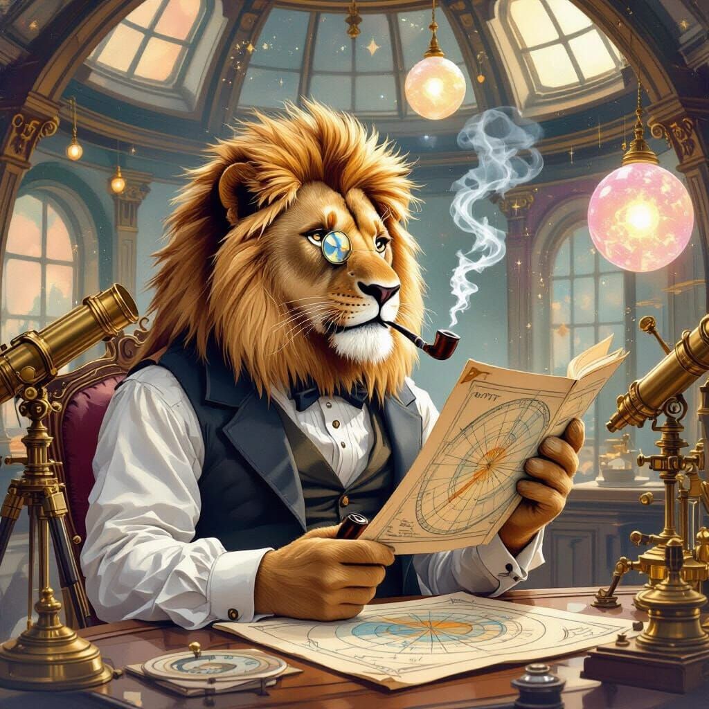 Lion Astrologer in Grand Observatory: Whimsical Art
