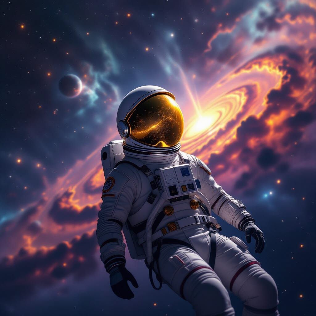 Astronaut Adrift Among Cosmic Nebula in Space