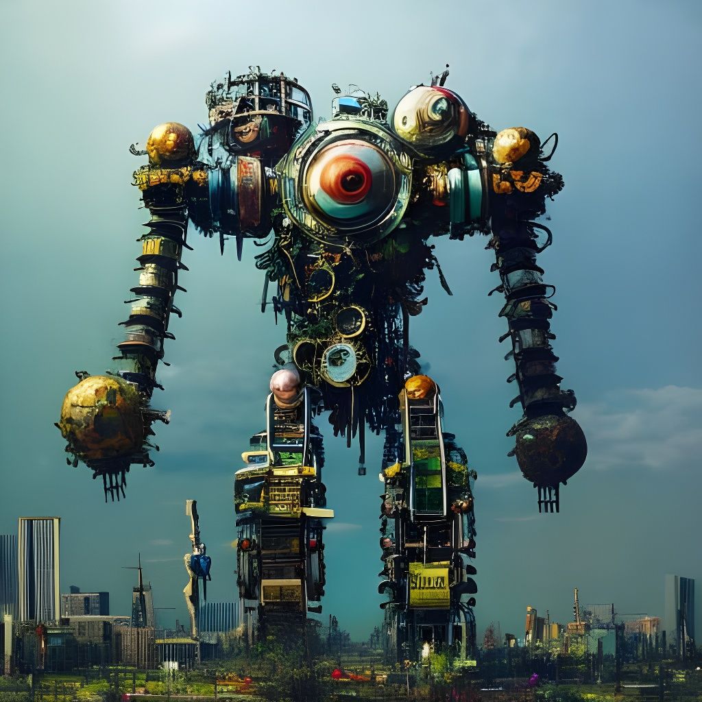 Mechanical Junkyard Titan Robot on Verdant Plain
