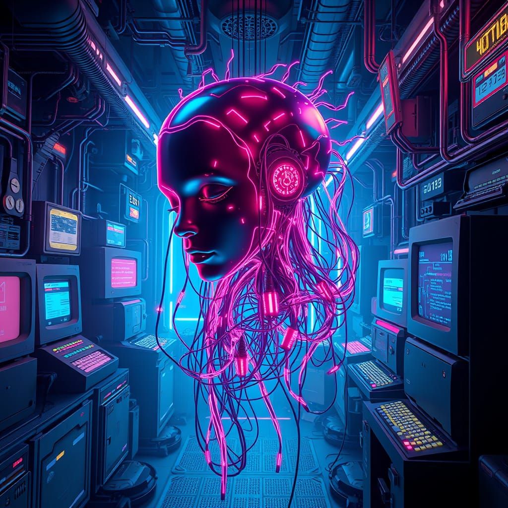 Sentient AI in Cyberpunk Chamber, 3D Style