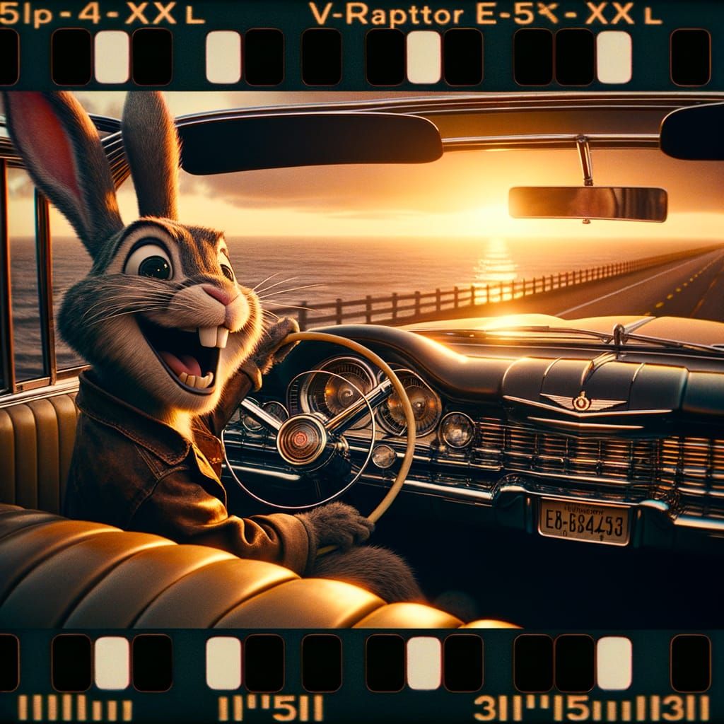 A laughing bunny driving a 1950s Cadillac cruising down a coastal highway at sunset. Cinematic film still, shot on v-rap...
