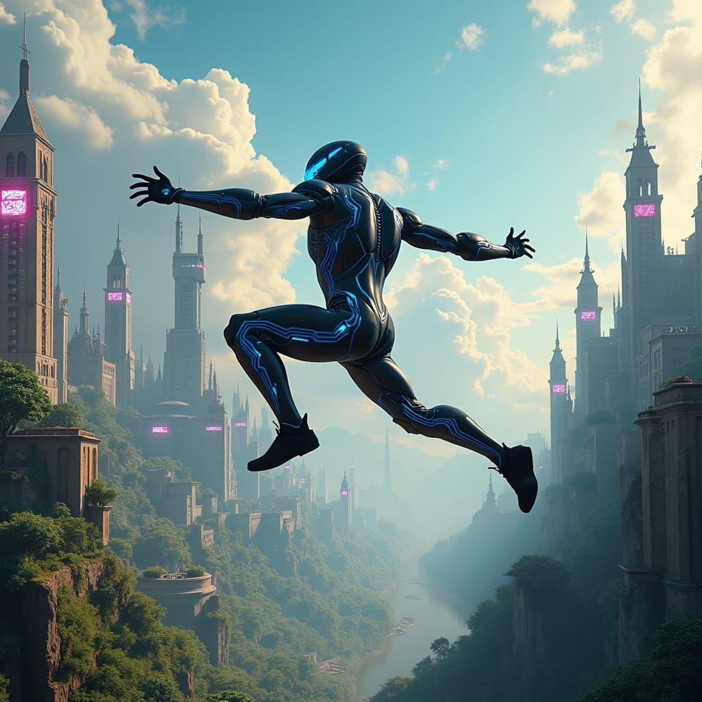 Dynamic Leaping Man in Futuristic Cityscape