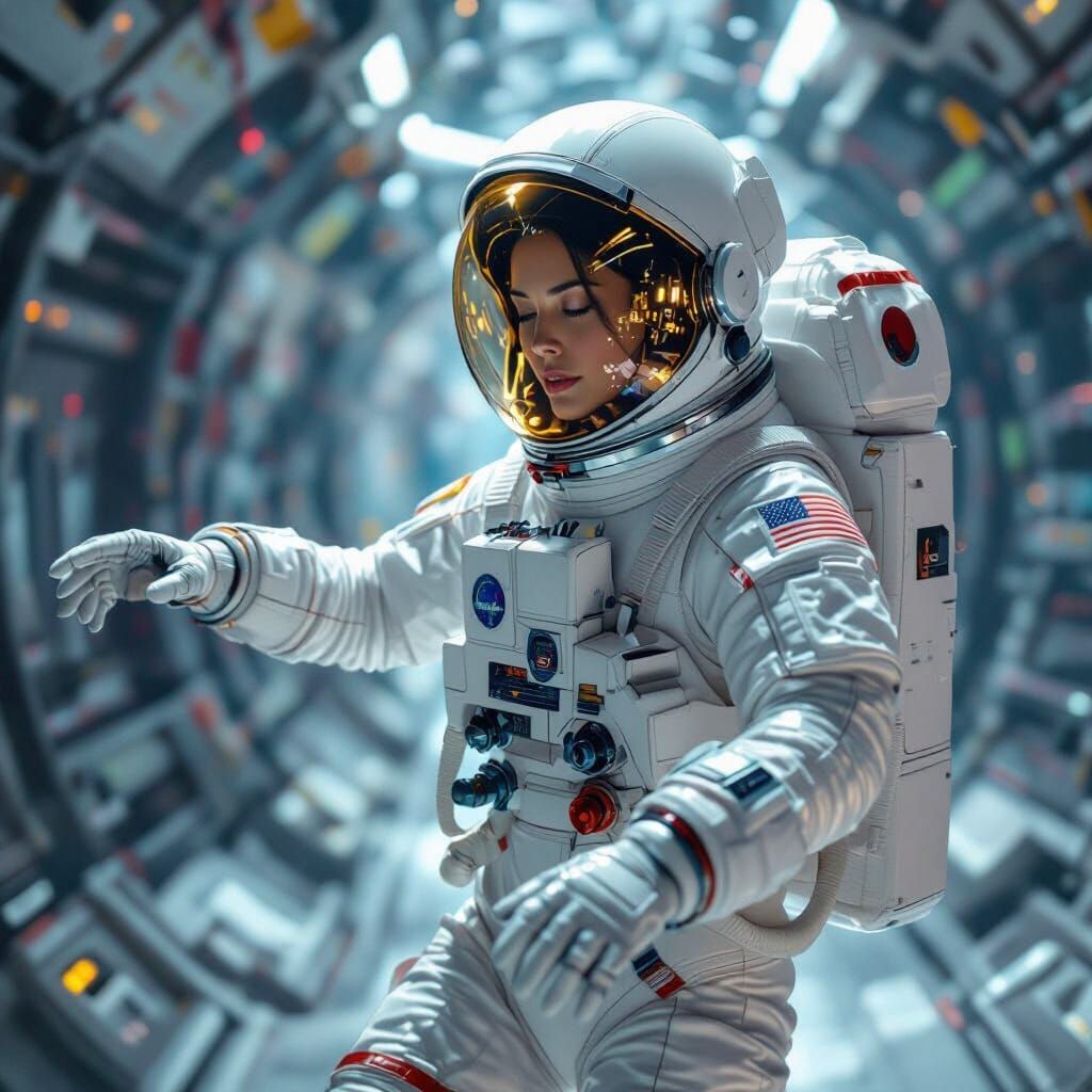 Astronaut Woman in Glitter Spacesuit in Futuristic Style