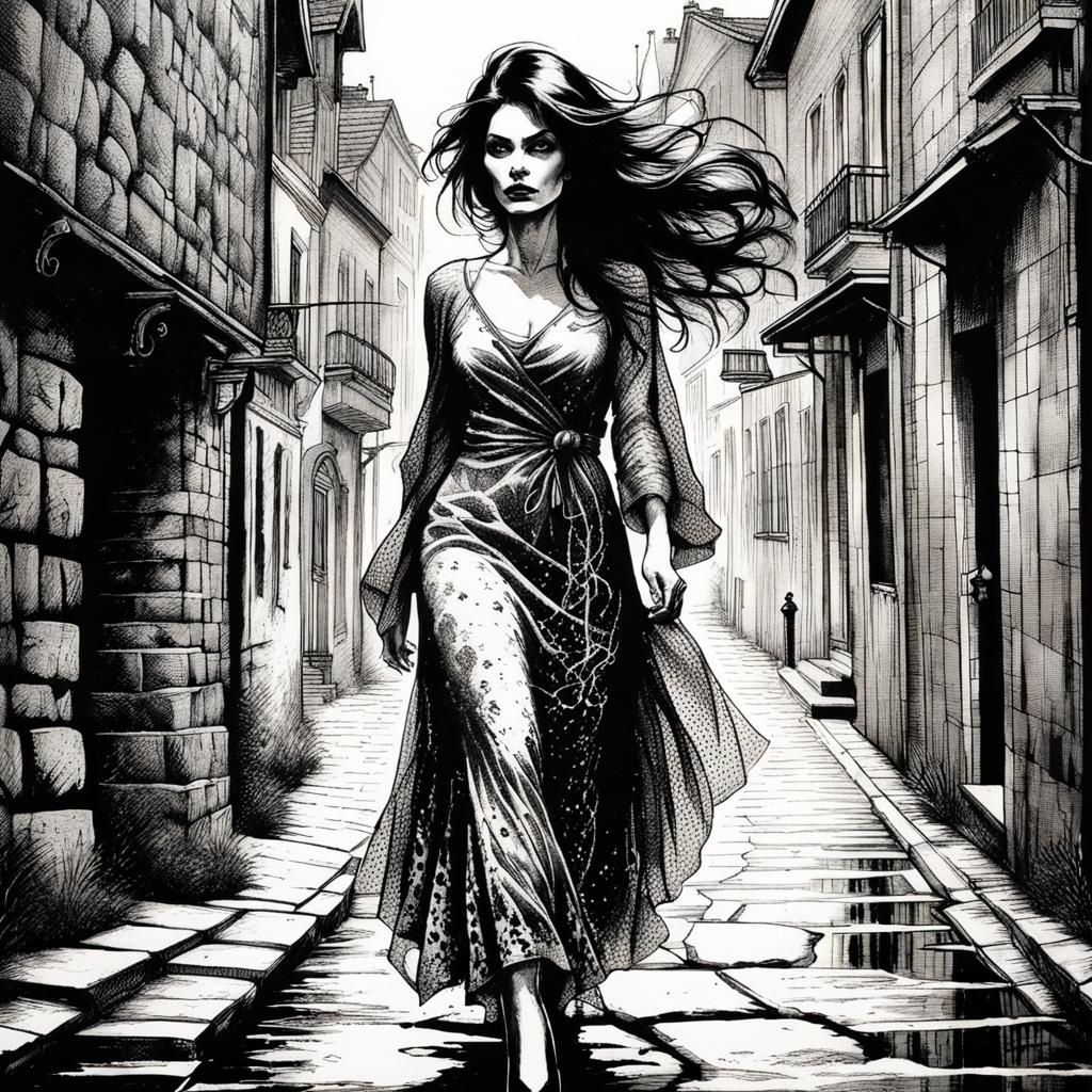 Tattooed Woman on Cobblestone Path in Dramatic Light