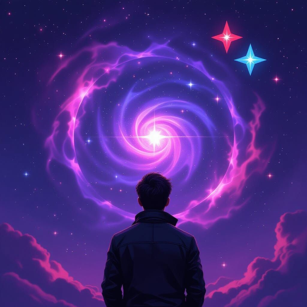 Ethereal Figure Gazing at a Purple Galaxy