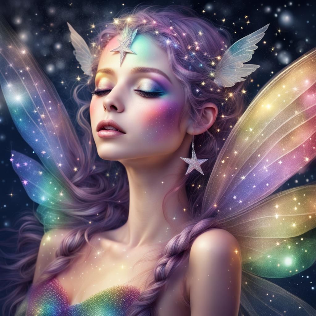 Iridescent Fairy Flying at Night with Stardust