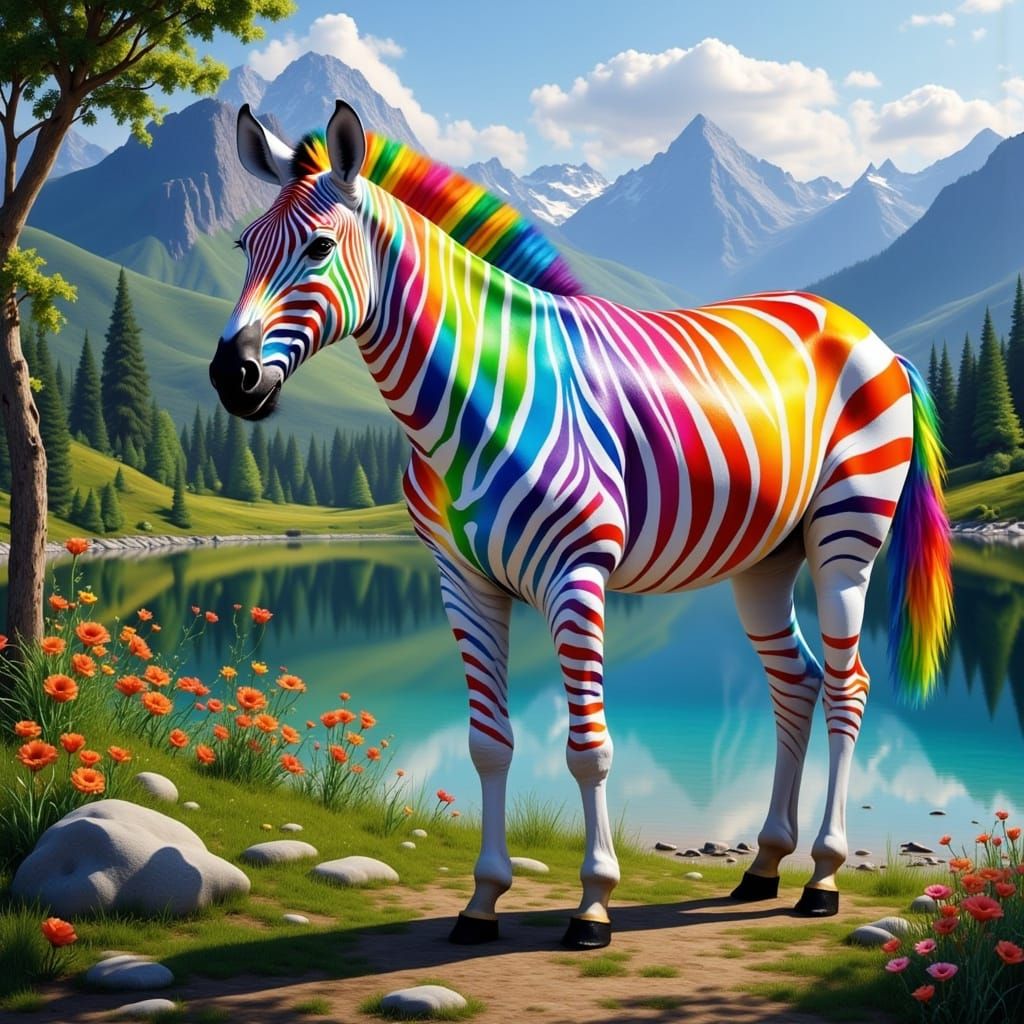 Vibrant Rainbow Zebra Stands Beside Serene Lake in Impressiv...