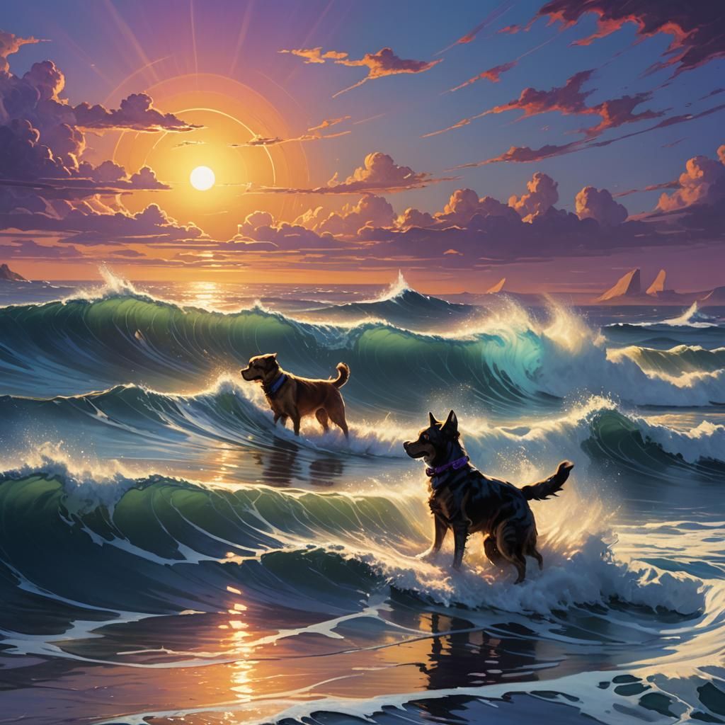 Dog and Cat Surf a Wave in Vibrant Oil Painting