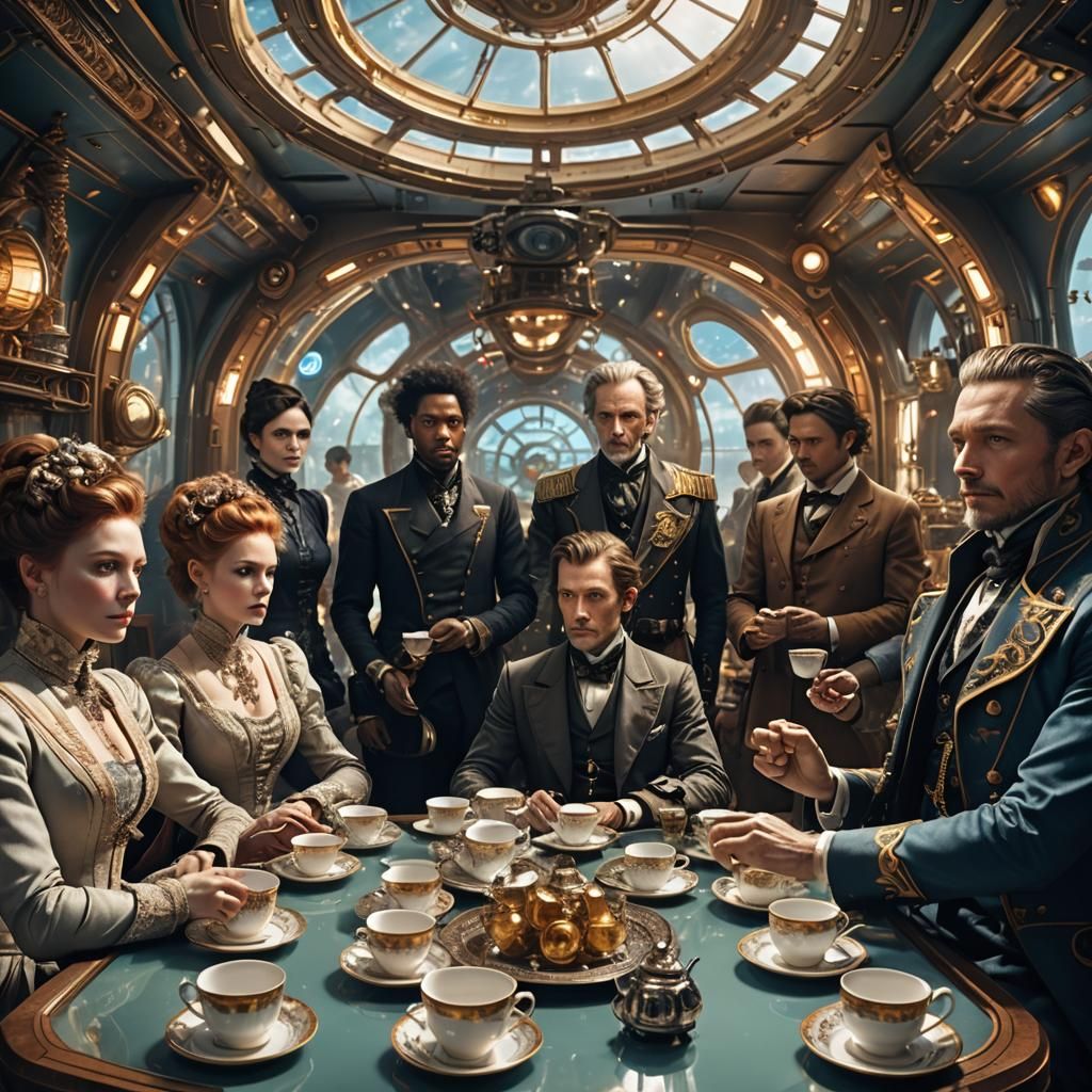 Victorian Tea in a Spaceship: Hyperrealistic Concept Art