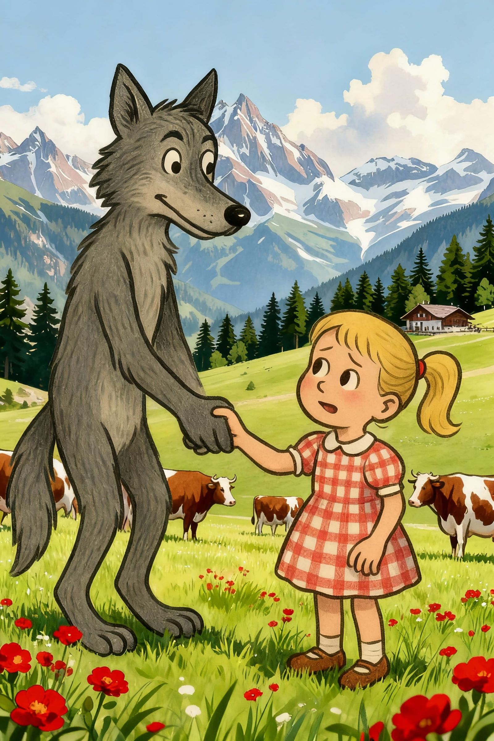 Friendly Wolf and Girl Explore Swiss Alps with Cows
