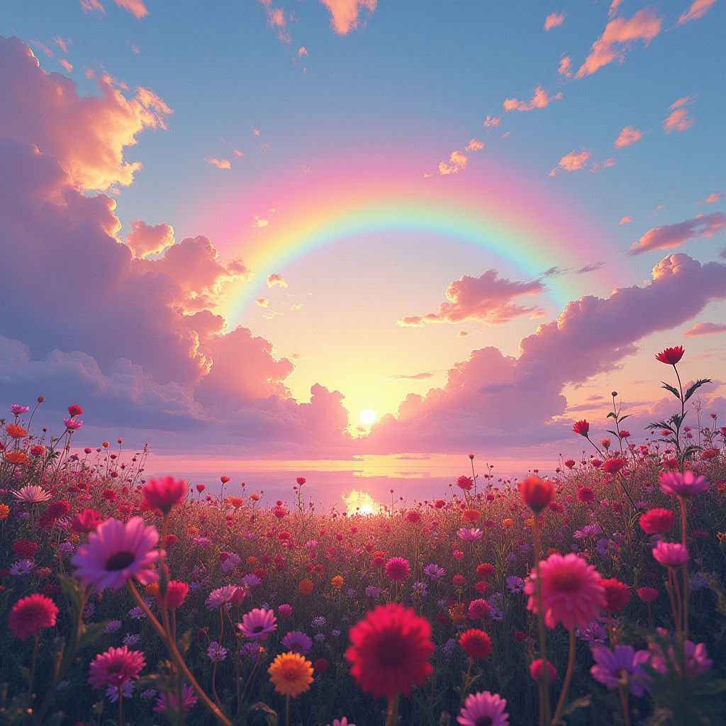 Rainbow Sky Reflected in Flower Field, Matte Painting