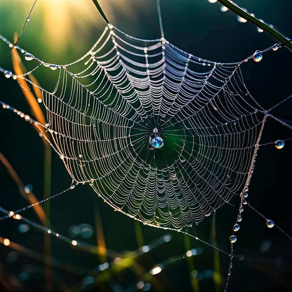 Iridescent Dewdrop on Spiderweb in Morning Sunlight