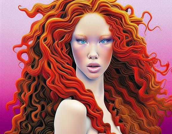 Detailed Digital Art of Red-Haired Woman in Rain