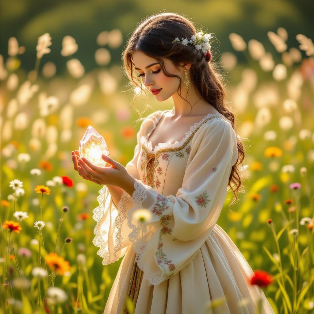 Medieval Woman with Glowing Artifact in Pre-Raphaelite Style