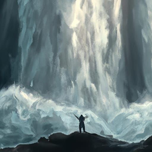 Person Under Waterfall: Hyperdetailed Oil Painting
