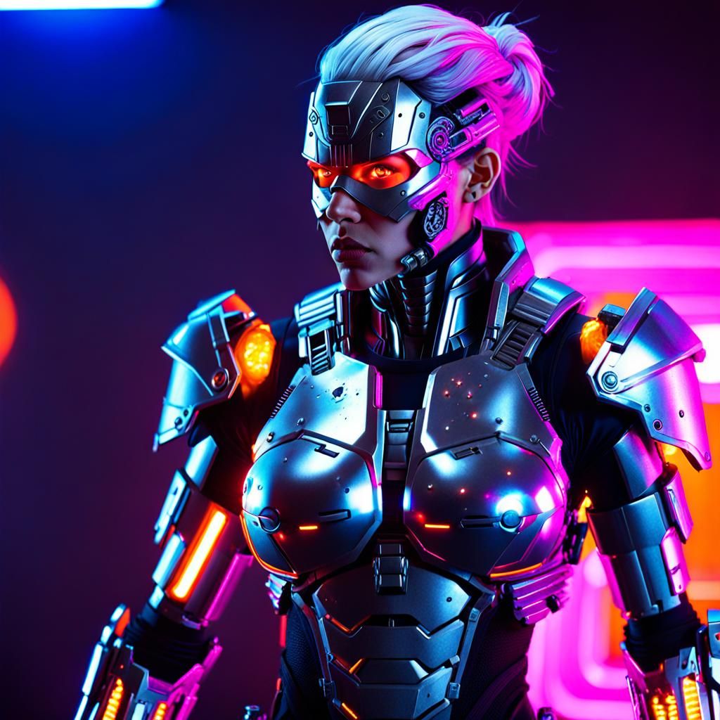 Cyberpunk Cyborg Bounty Hunter in Neon Cityscape