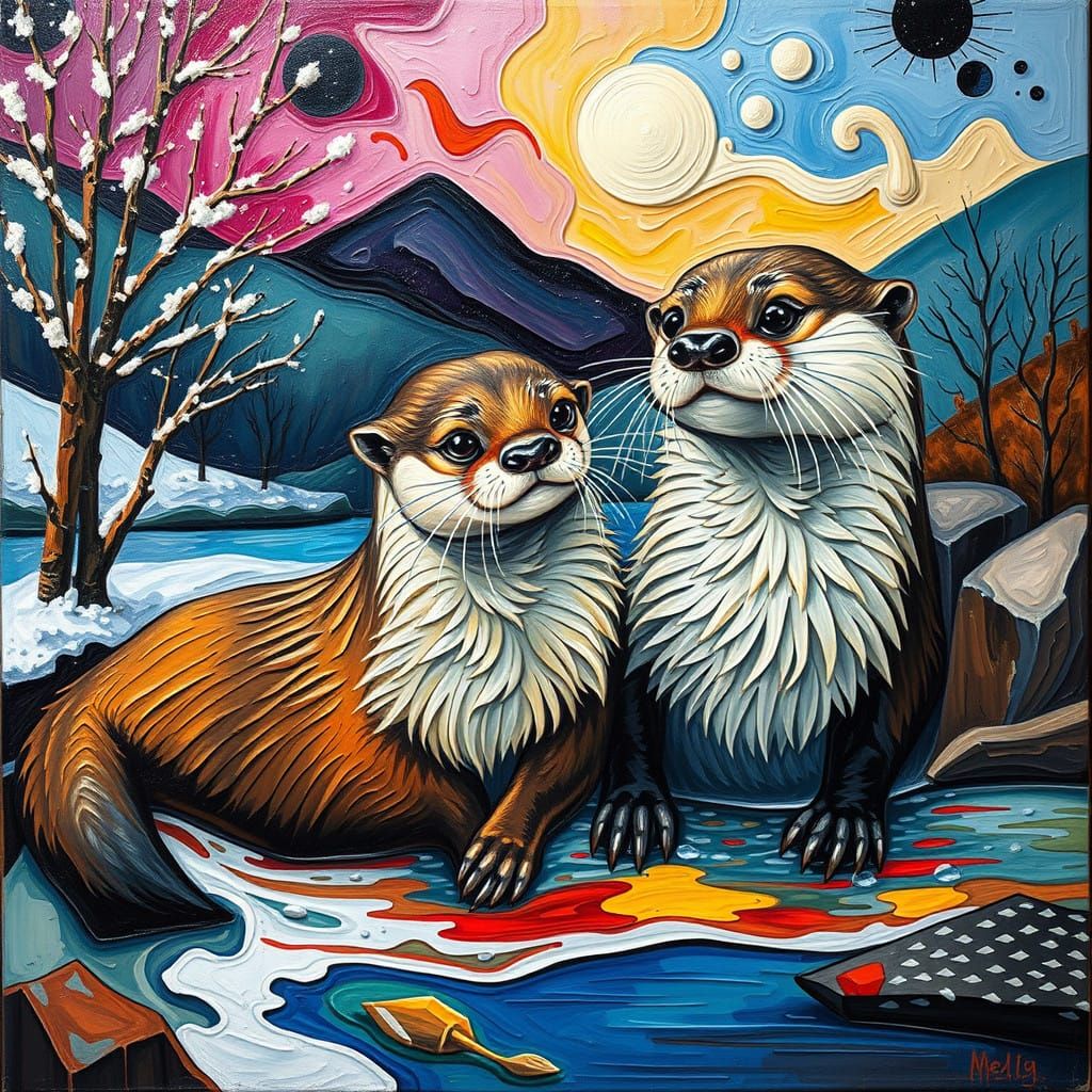 Mystical River Otters in Vibrant Cubist Landscape