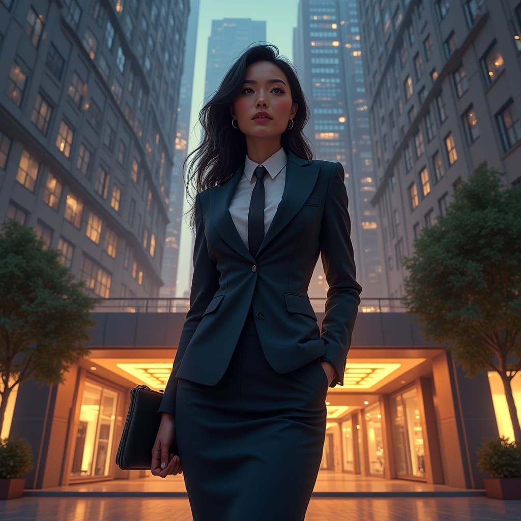 Asian American Woman in Business Suit at Dusk