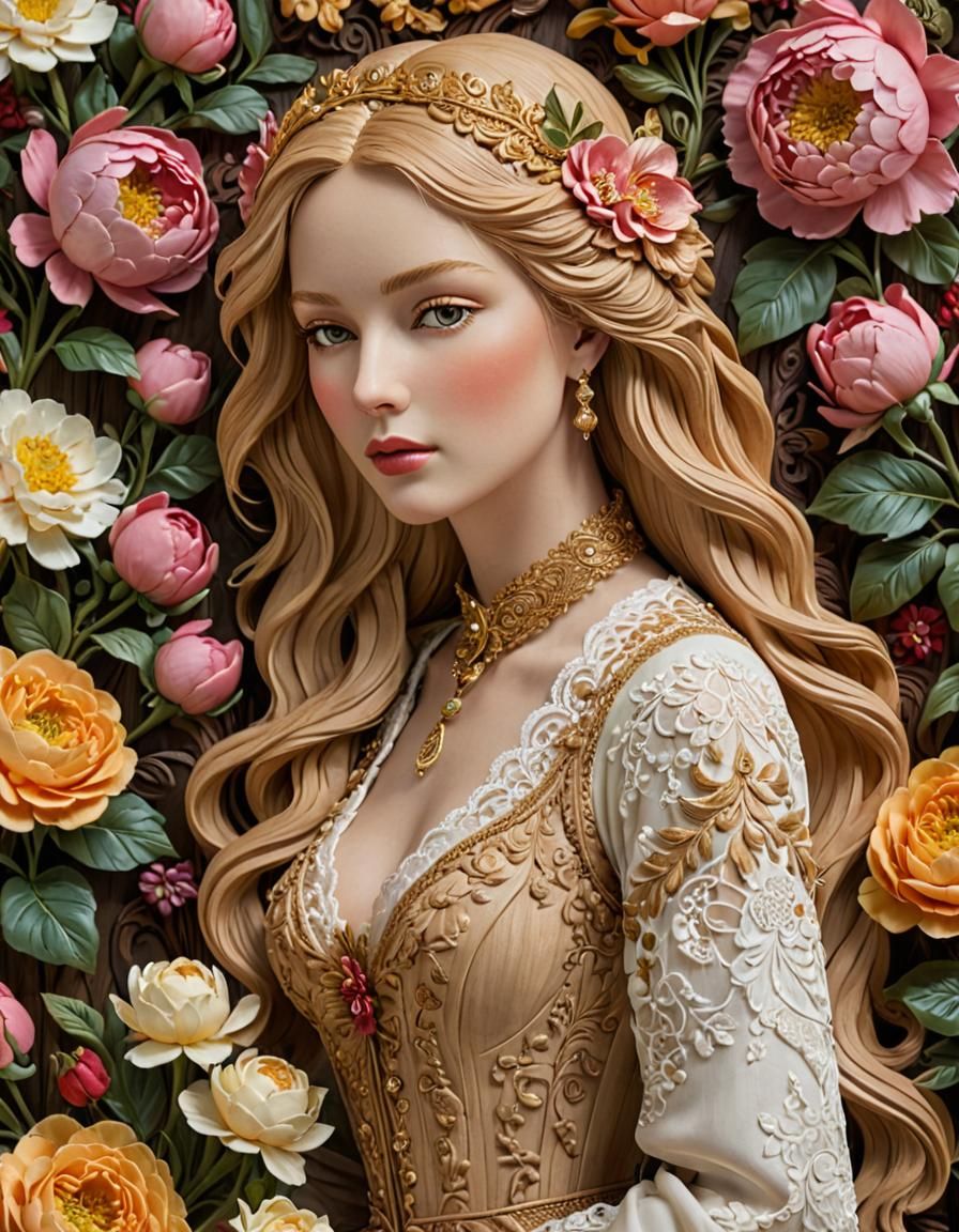 Victorian Woman Wood Carving with Flowers