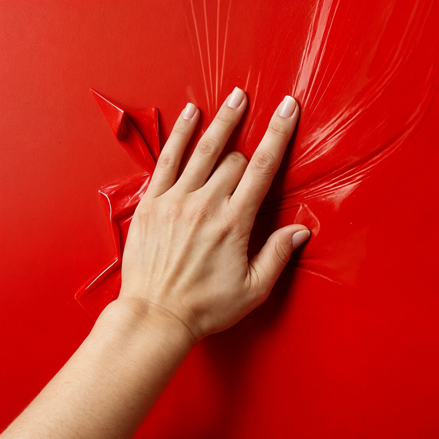 Hand Breaking Through Red Rubber Canvas