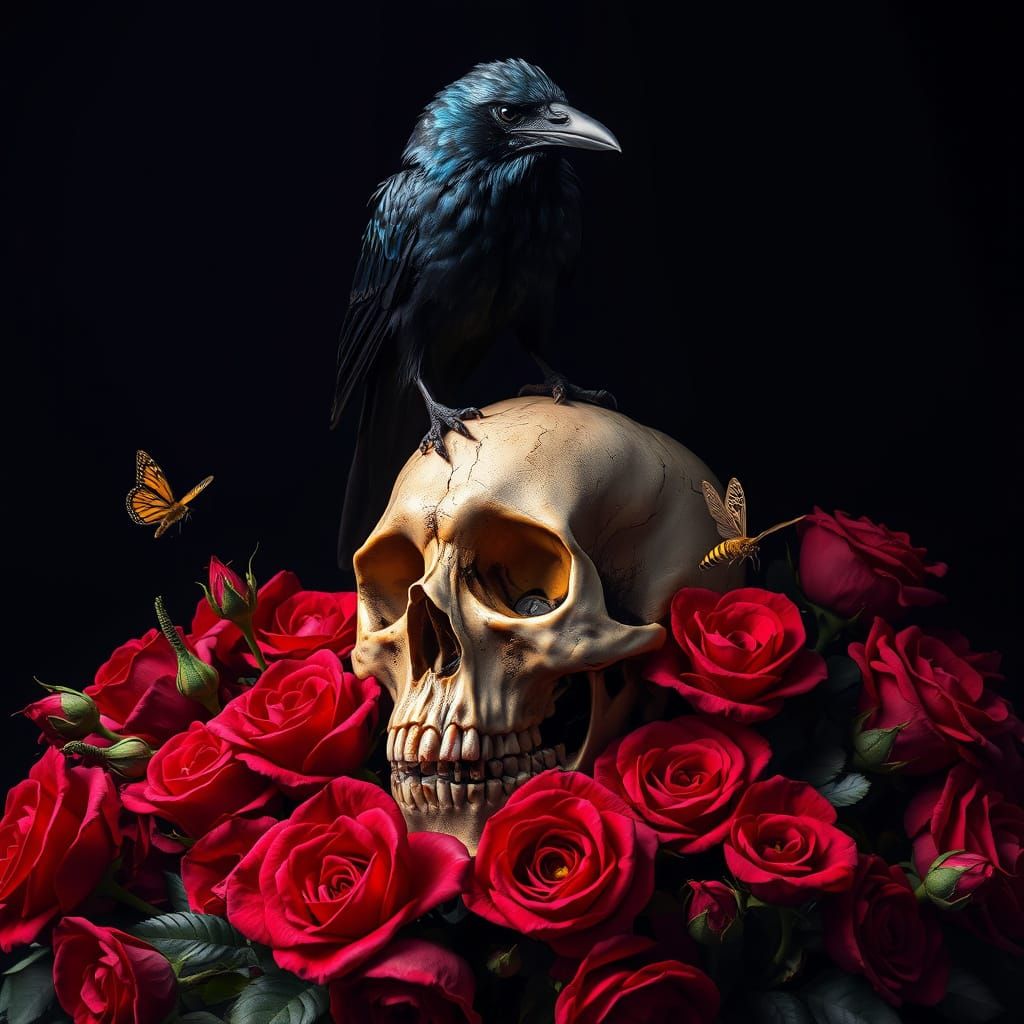 Regal Crow on Velvet Rose-Throned Skull in Dark Fantasy Styl...