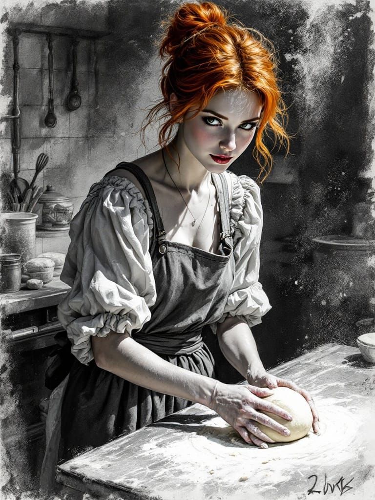 Redhead Baker Kneading Dough in Bustling Kitchen