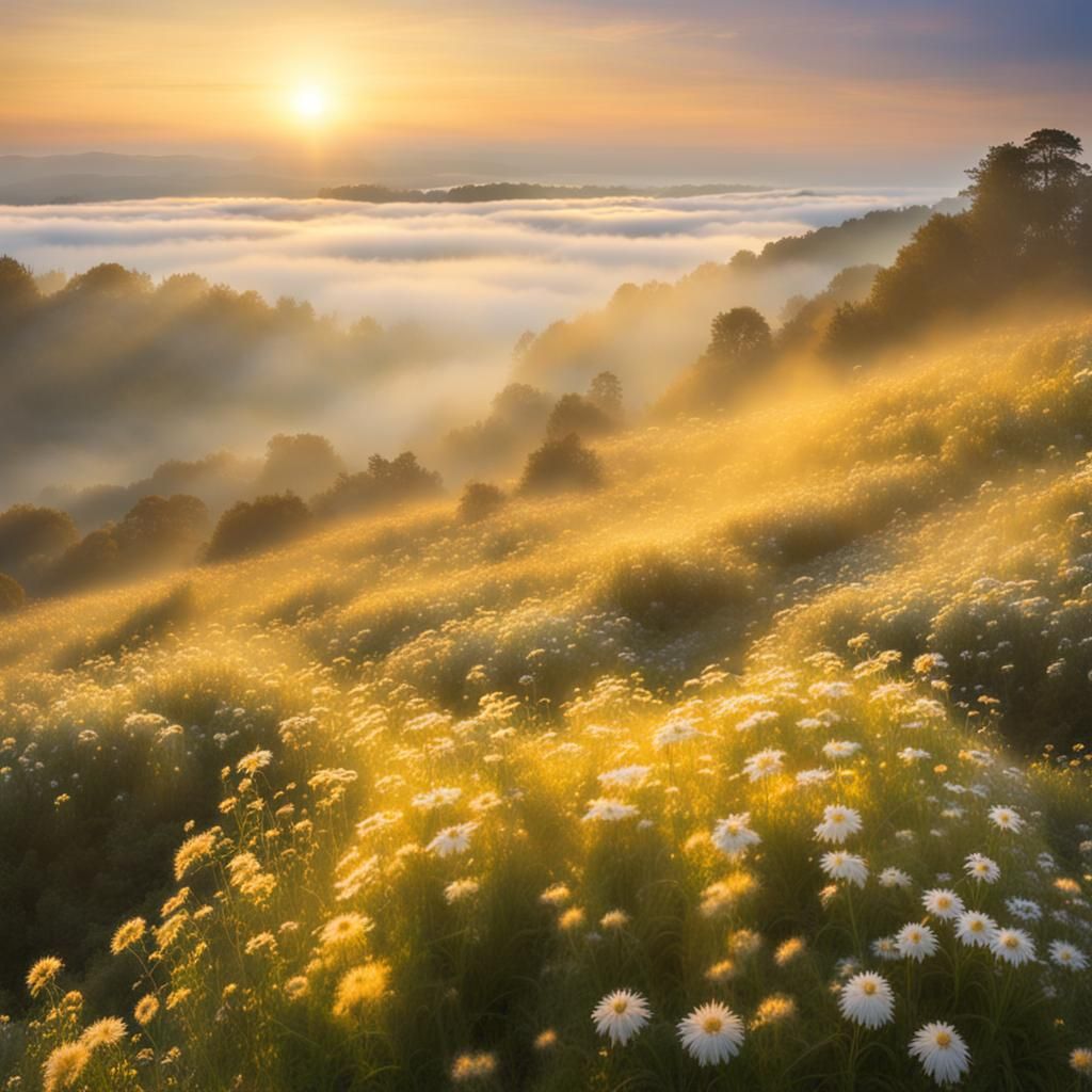 Impressionist Golden Hour Landscape with Mist
