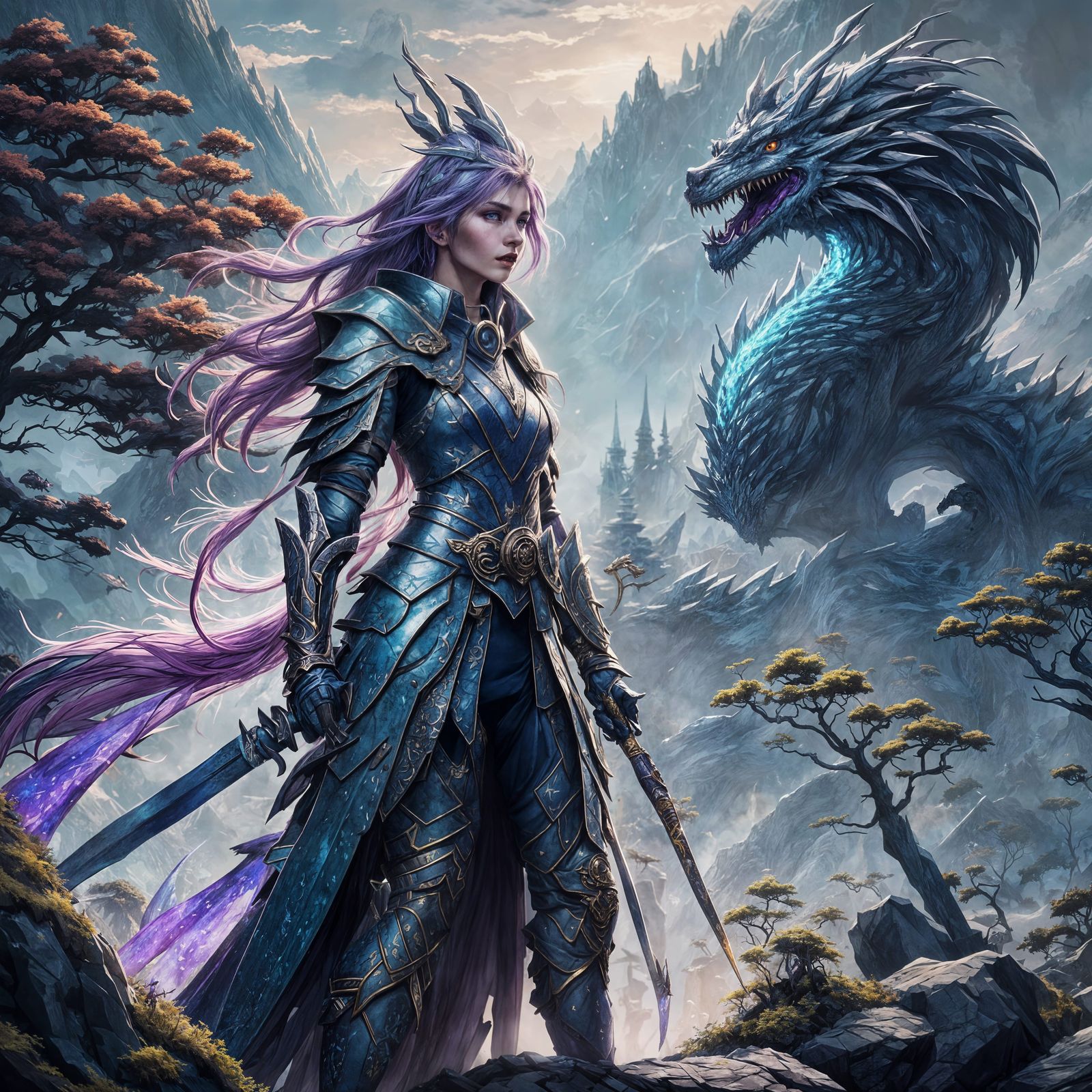 Fantastical Warrior Maiden with Blue Dragon in Majestic Moun...