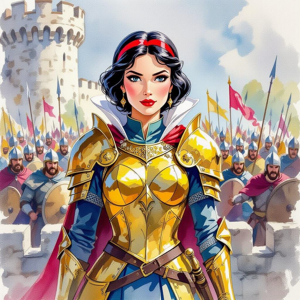 Snow White Warrior Princess: Impressionistic Watercolor Port...