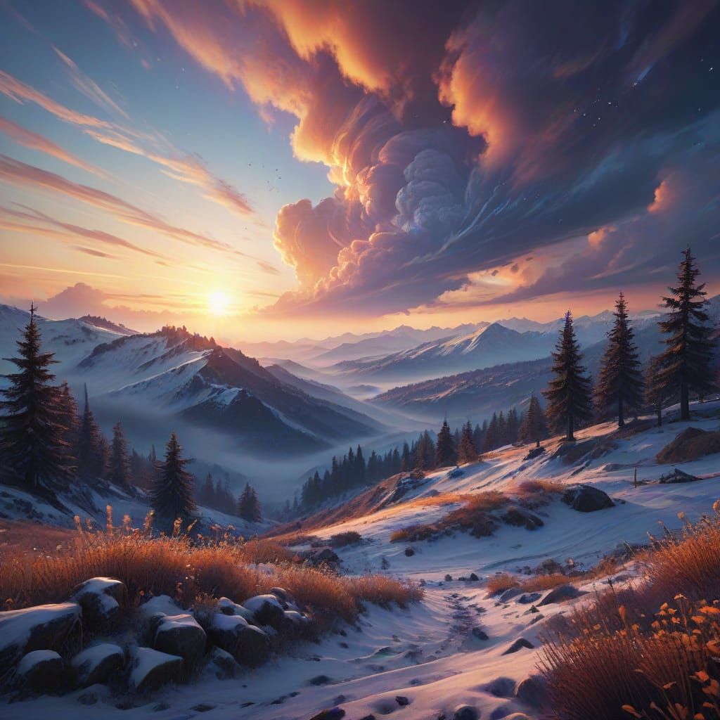 Ethereal Winterscape at Sunset in Watercolor Style