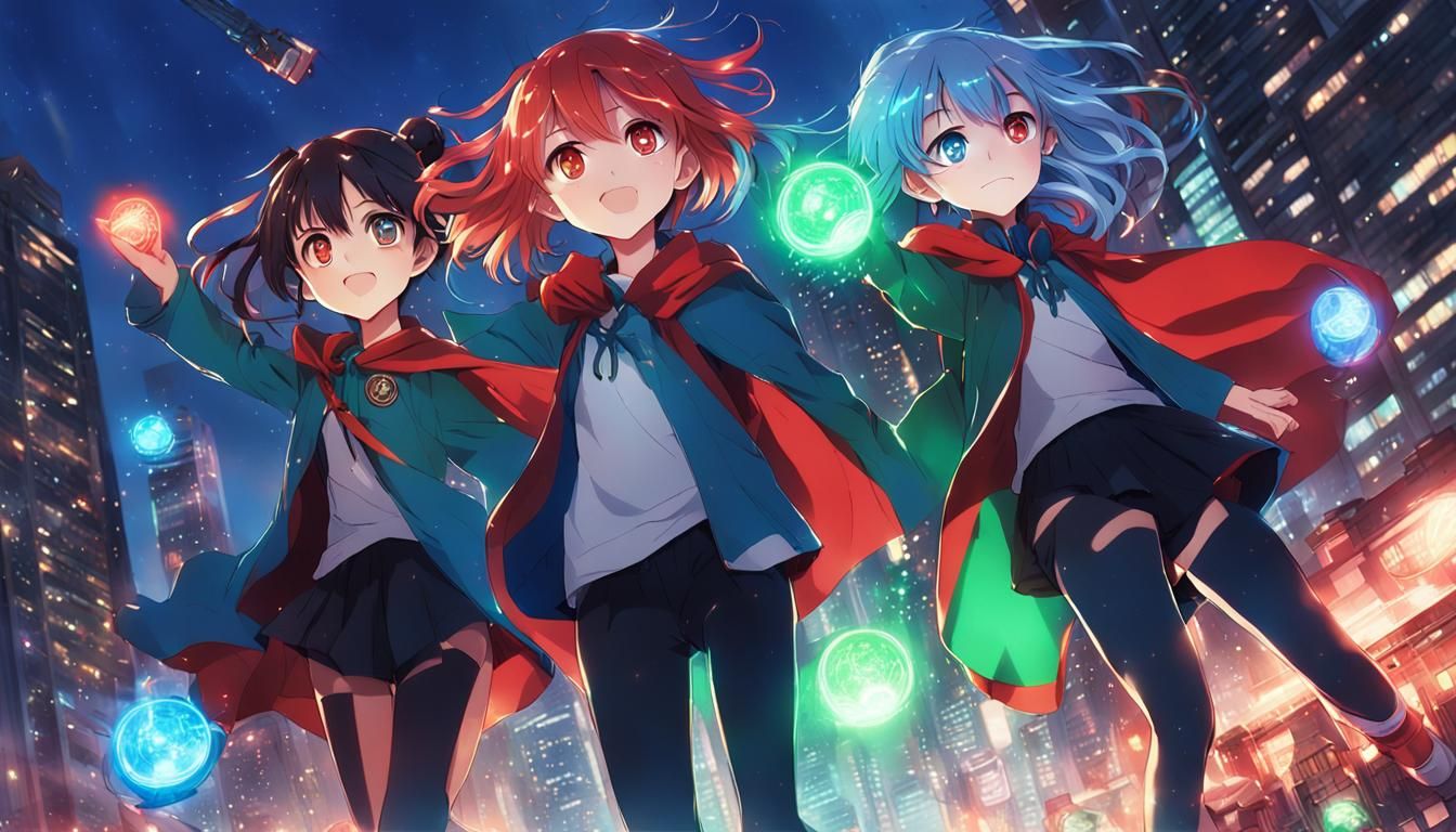 Anime Teenage Magic Users Flying in City