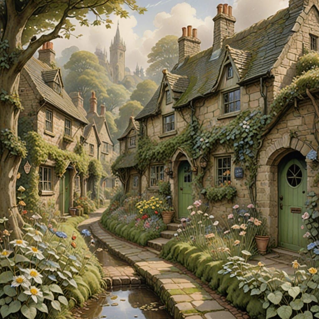 Whimsical English Village Lane in Misty Morning Light