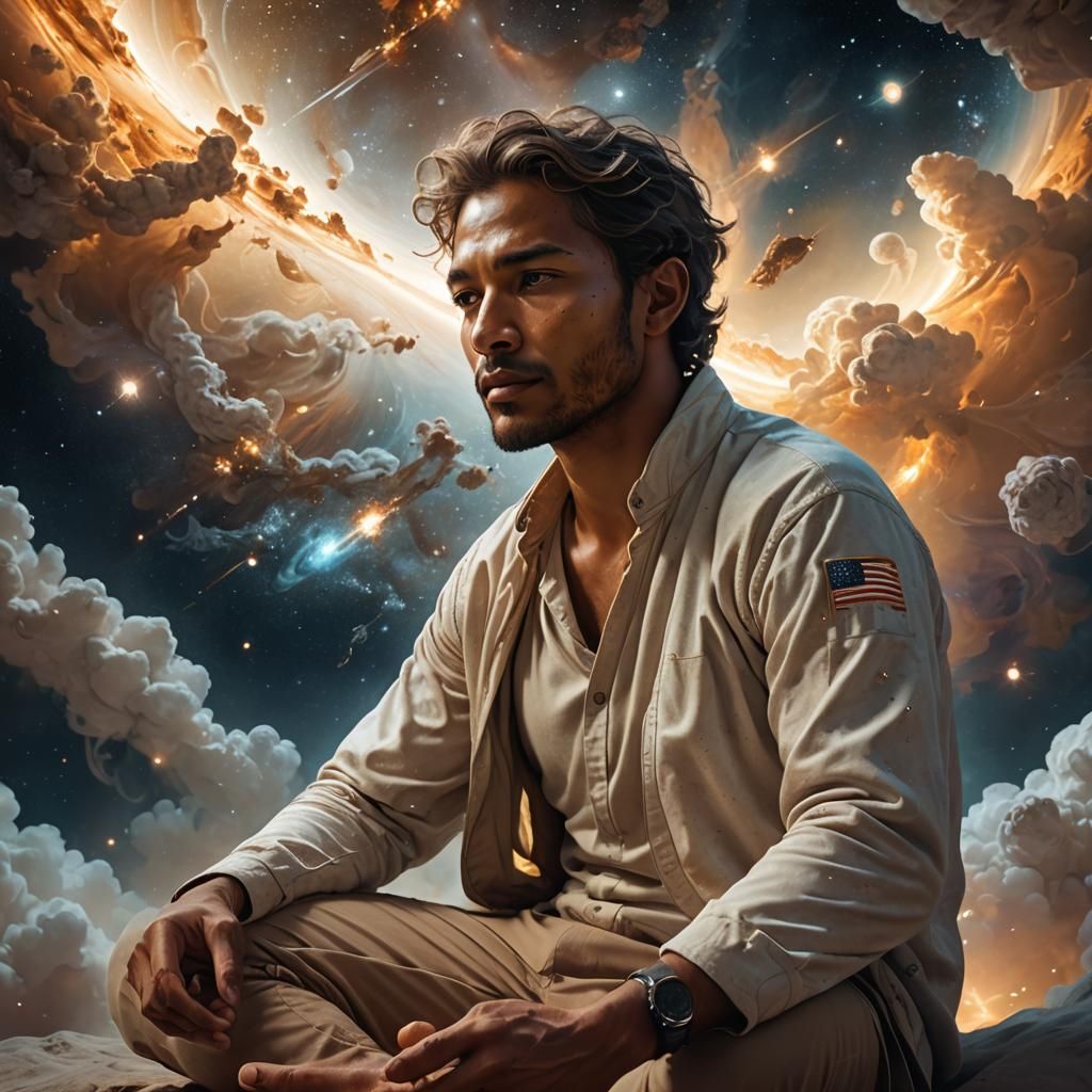 Ethereal Tales: Man Meditating in Deep Space