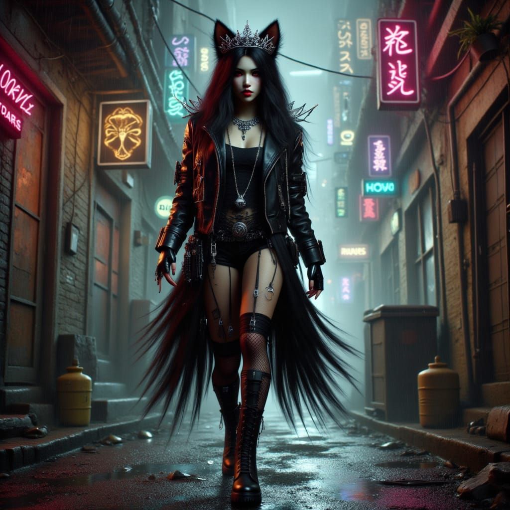 <lora:Cyber-Fantasy-Punk:1.0> Cyberpunk wolflike folk gang princess wearing a sleek black leather jacket with chrome acc...