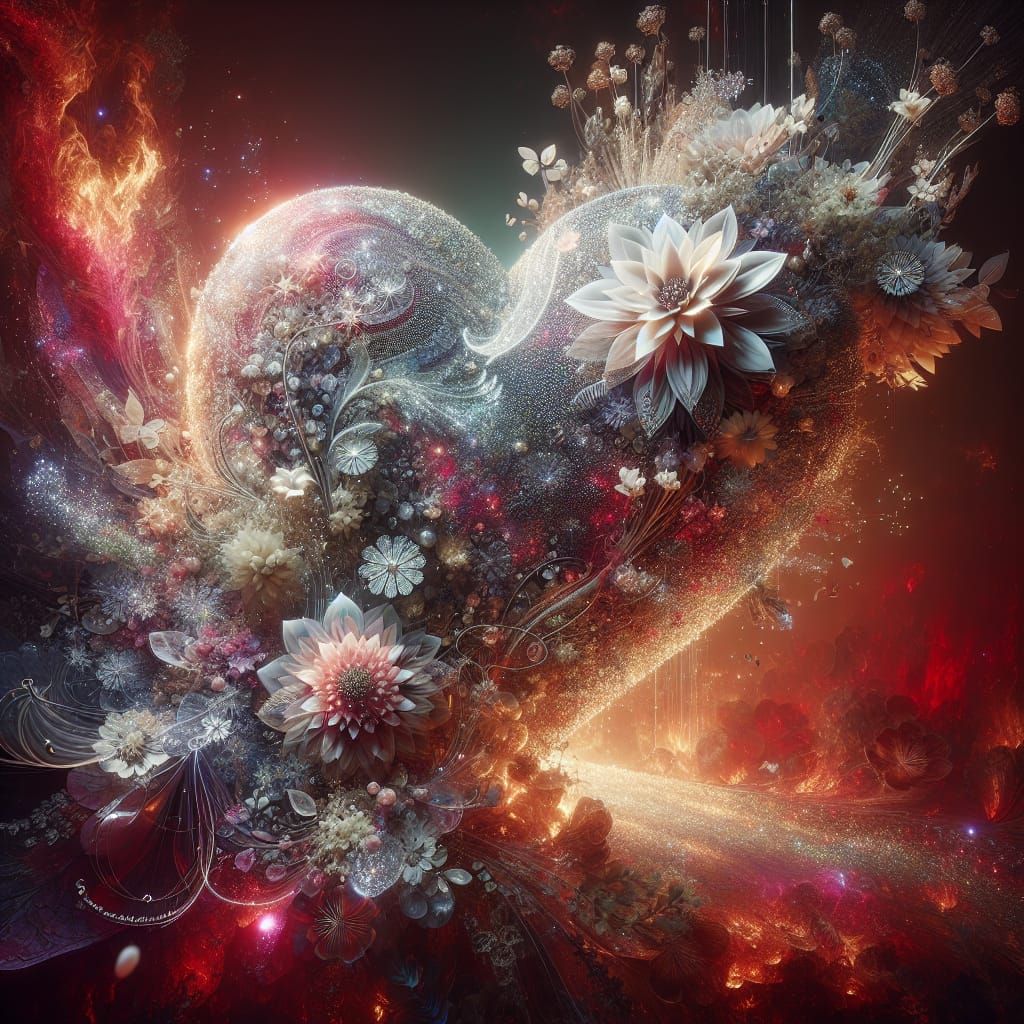 Ethereal Heart of Flowers in Fiery Landscape