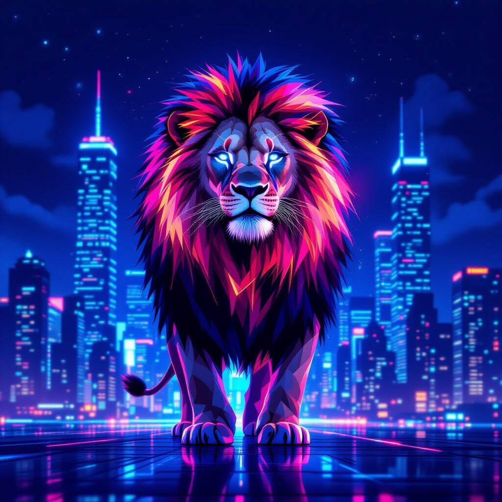 Neon Lion in Futuristic Cityscape: Digital Painting
