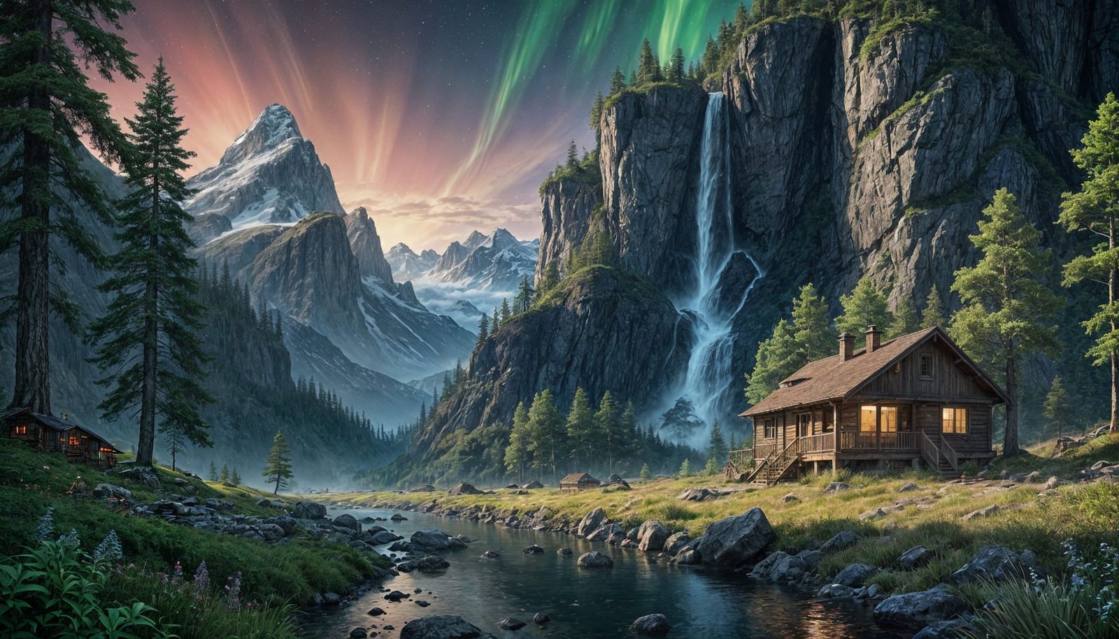 Serene Mountain Cabin Under Northern Lights