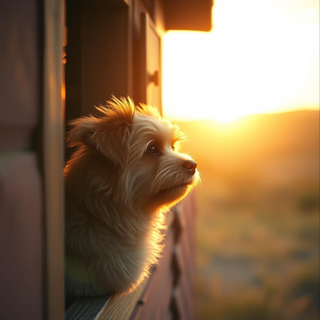 Dog Gazing at Sunset Through Rustic Window