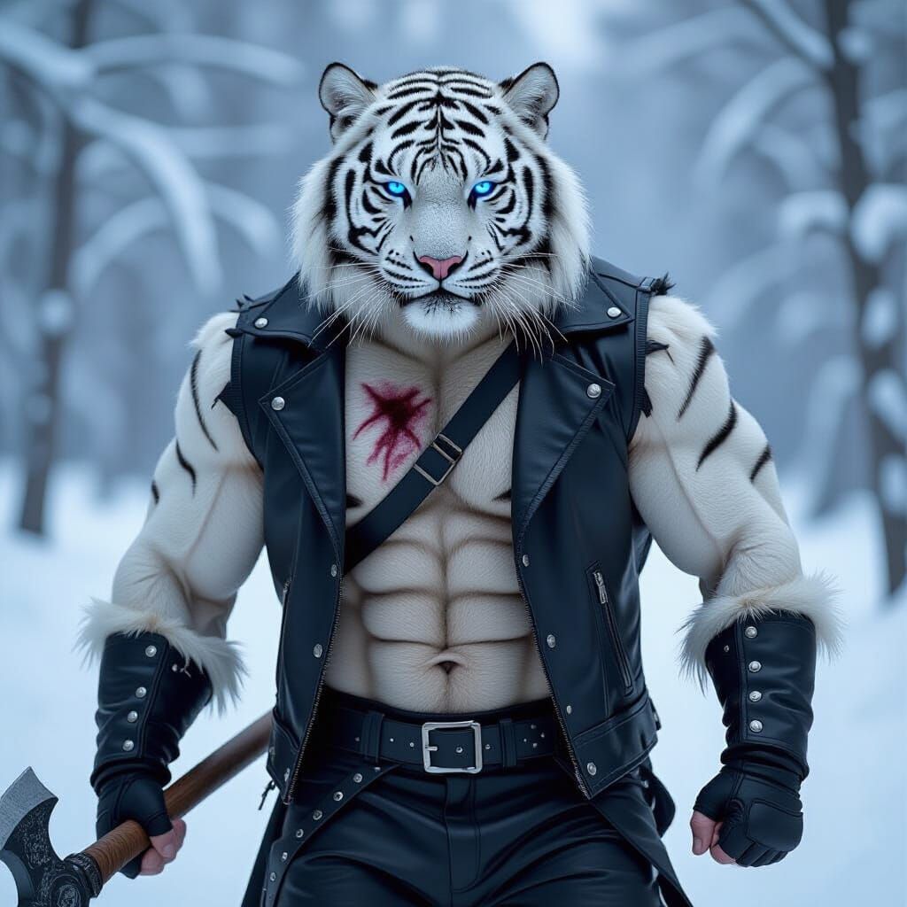 Muscular Tiger Man with Battle Axe in Snow