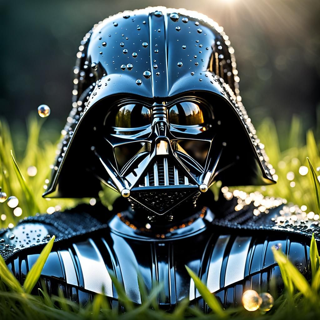 Hyperrealistic Darth Vader Figurine in Dew-Kissed Grass