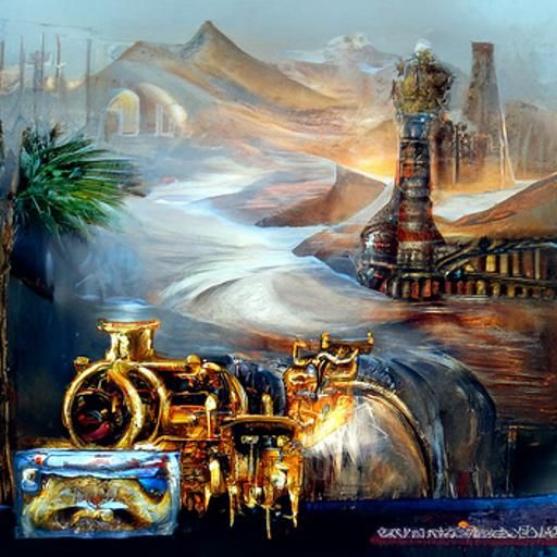 Abstract Desert Oasis with Camels, Oil on Canvas