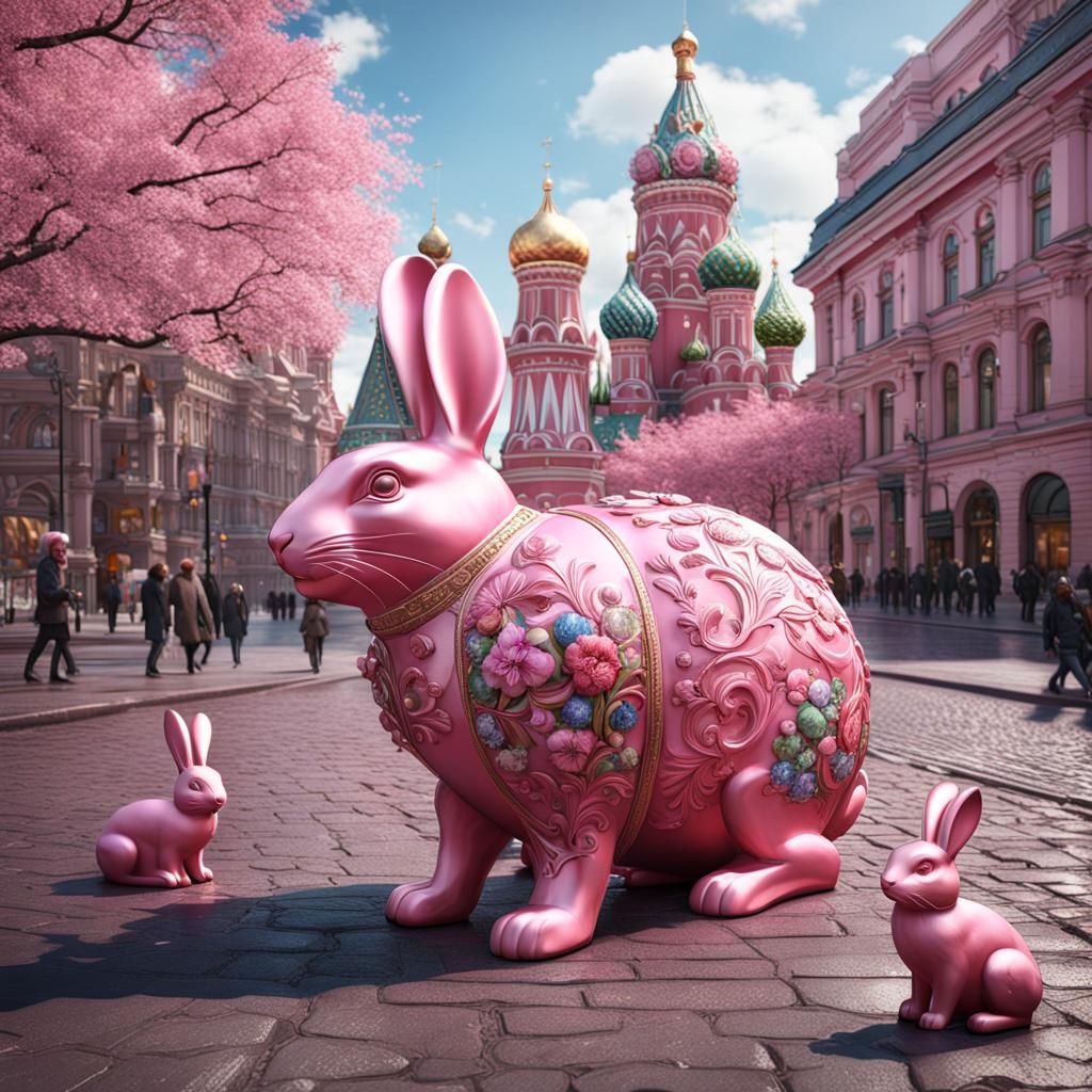 Hyperrealistic Pink Faberge Rabbit on Moscow's Tverskaya Str...