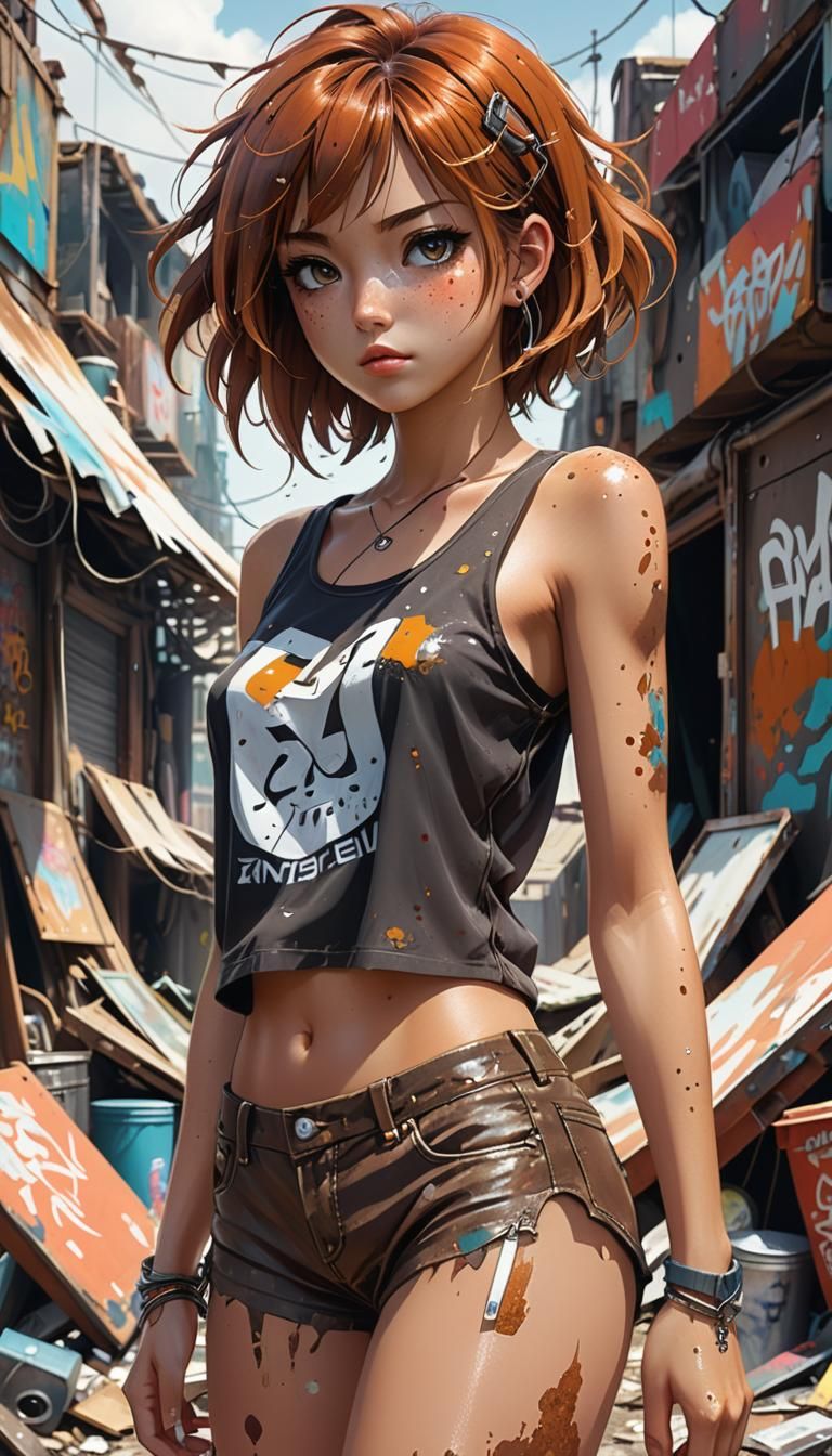 Anime Woman in Junk Alley, Dark Fantasy Illustration