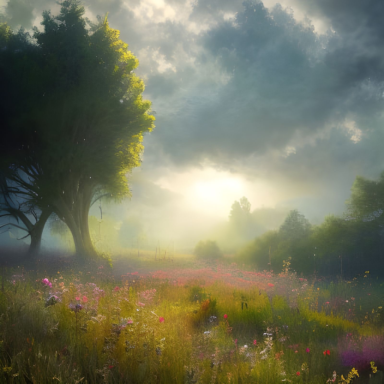 Wildflower Meadow After Rain in Fantasy Art Style