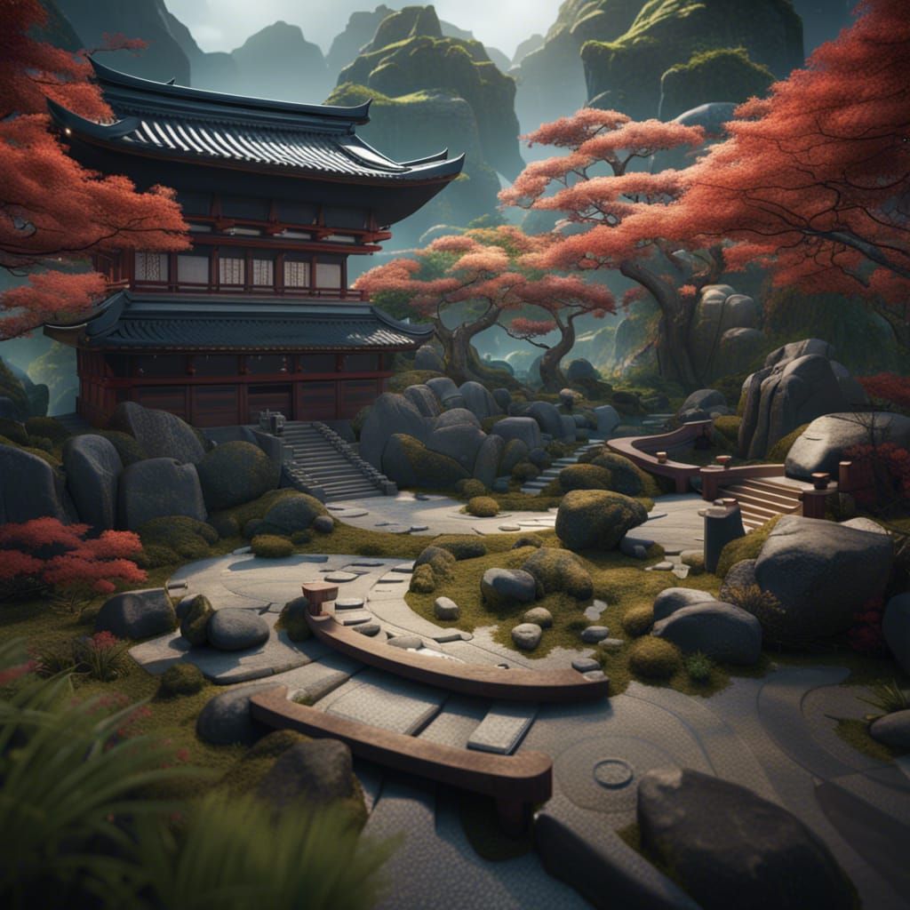 Detailed Japanese Zen Garden in Matte Painting Style