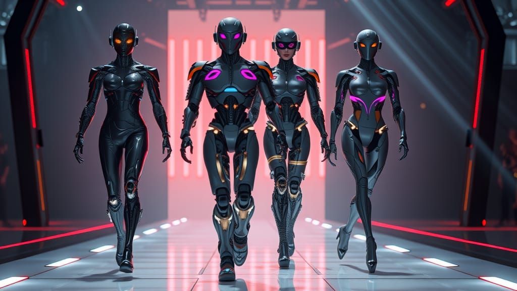 Futuristic Robot Fashion Runway in Cyberpunk Style