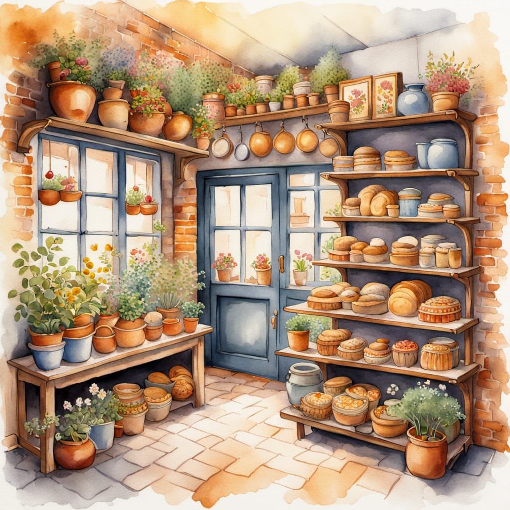 Vibrant Brick Bakery Interior in Watercolour Style