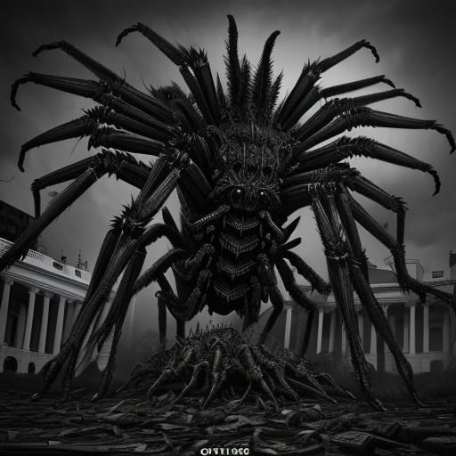 Giant Spiders Attack White House in Dark Fantasy Style