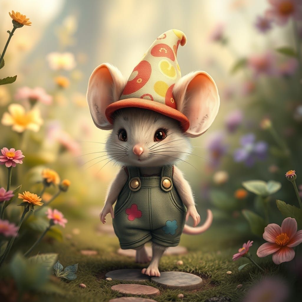 Mouse in Jellyfish Hat in Pastel Garden